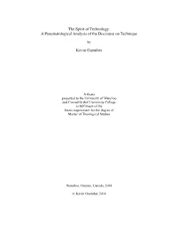 The Spirit of Technology: a Pneumatological Analysis of the Discourse on Technique