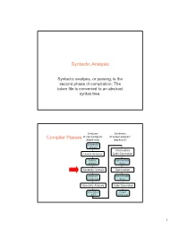 Syntactic Analysis, Or Parsing, Is the Second Phase of Compilation: the Token File Is Converted to an Abstract Syntax Tree