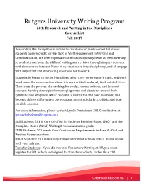 Rutgers University Writing Program 201: Research and Writing in the Disciplines Course List Fall 2017