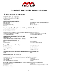 18Th Annual M&A Advisor Awards Finalists I. Sector