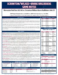 Scranton/Wilkes-Barre Railriders Game Notes Worcester Red Sox (42-36) Vs
