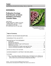 Pollination Ecology: Field Studies of Insect Visitation and Pollen Transfer Rates