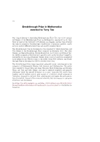 Breakthrough Prize in Mathematics Awarded to Terry Tao
