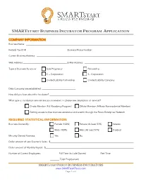 Smartstart Business Incubator Program Application