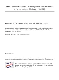 Jarník's Notes of the Lecture Course Allgemeine Idealtheorie by B. L