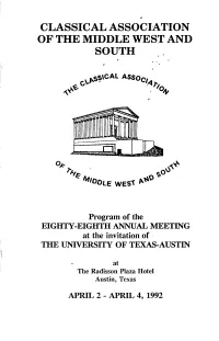 C L a S S I C a L a S S O C I a T I O N O F T H E M I D D L E W E S T a N D S O U T H &lt; * O V &gt;Sslcal Assoc^ Program of Th
