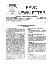 EEVC NEWSLETTER Published by the Eastern Electric Vehicle Club Peter Cleaveland, Editor Vol 30 No 11 Club Address: P.O