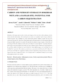 Carbon and Nitrogen Storage in Hokersar Wetland (A Ramsar Site): Potential for Carbon Sequestration