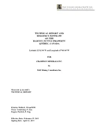 Technical Report and Resource Estimate on the Harvey-Tuttle Property Québec, Canada