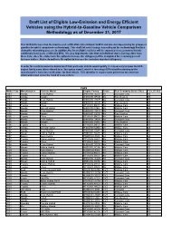 Draft List of Eligible Low-Emission and Energy Efficient Vehicles Using the Hybrid-To-Gasoline Vehicle Comparison Methodology As of December 31, 2017