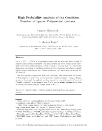 High Probability Analysis of the Condition Number of Sparse Polynomial Systems
