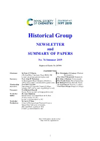 Historical Group NEWSLETTER and SUMMARY of PAPERS