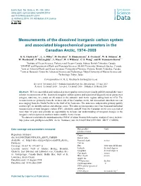 Measurements of the Dissolved Inorganic Carbon System and Associated Biogeochemical Parameters in the Canadian Arctic, 1974–2009