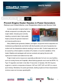 Prevent Engine Heater Hassles in Power Generators Reduce Low-Coolant Alarms, Low-Temperature Alarms and Service Calls