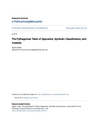 The Pythagorean Table of Opposites, Symbolic Classification, and Aristotle