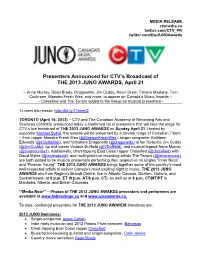 Presenters Announced for CTV's Broadcast of the 2013 JUNO
