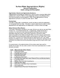 Surface Water Appropriations (Rights) General Explanation Code Listing and Description