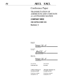TRANSMUTATION of AMERICIUM and CURIUM in a LANTHANIDE MATRIX COMPANY WIDE CW-123700-CONF-018 Revision 0