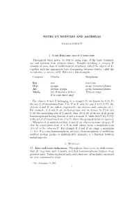 NOTES on MODULES and ALGEBRAS 1. Some Remarks About Categories Throughout These Notes, We Will Be Using Some of the Basic Termin