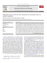Attentional Control in OCD and GAD: Speciﬁcity and Associations with Core Cognitive Symptoms