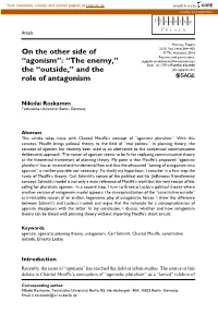 Agonism”: “The Enemy,” Sagepub.Co.Uk/Journalspermissions.Nav DOI: 10.1177/1473095214533959 the “Outside,” and the Plt.Sagepub.Com Role of Antagonism