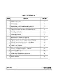 TABLE of CONTENTS S.No. Contents Page No. 1. Basic Textiles Terms 1 2. Embroidery 1 3. Identification of Parts of Embroidery
