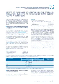 Report of the Board of Directors on the Proposed Resolutions Submitted 4 to the Combined Shareholders’ Meeting of 30 May 2018
