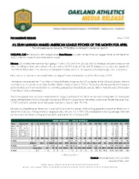 A's SEAN MANAEA NAMED AMERICAN LEAGUE PITCHER OF
