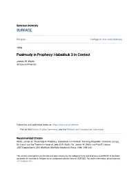 Psalmody in Prophecy: Habakkuk 3 in Context