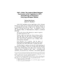 Taff V. State: the Logical Albeit Delayed Conclusion to the Legislature's 2013 Amendments to Arkansas's Carrying-A-Weapon