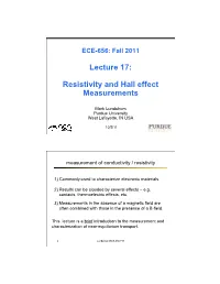 Lecture 17: Resistivity and Hall Effect Measurements