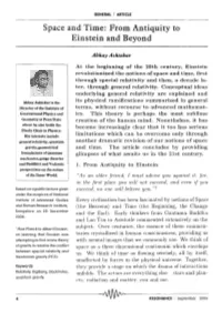 Space and Time: from Antiquity to Einstein and Beyond