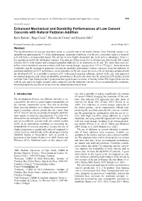 Enhanced Mechanical and Durability Performances of Low Cement Concrete with Natural Pozzolan Addition