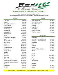 Meat Product/Price List for 2021