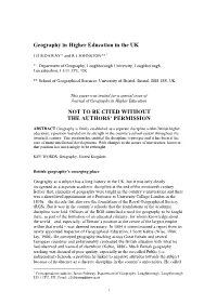 Geography in Higher Education in the UK NOT to BE CITED WITHOUT