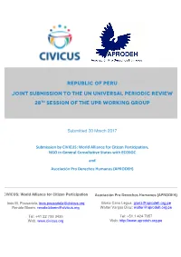 Republic of Peru Joint Submission to the UN Universal Periodic Review 28Th Session of the UPR Working Group