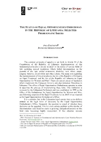 The Status of Equal Opportunities Ombudsman in the Republic of Lithuania: Selected Problematic Issues