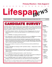 CANDIDATE SURVEY Inside: LIFESPAN Sent the Following Ten-Question Survey to Each Candidate for U.S