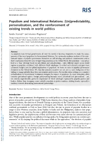 Populism and International Relations: (Un)Predictability, Personalisation, and the Reinforcement of Existing Trends in World Politics