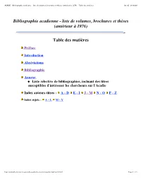 Bibliographie Acadienne - Liste De Volumes, Brochures Et Thèses (Antérieur À 1976) - Table Des Matières 09-02-18 09:08