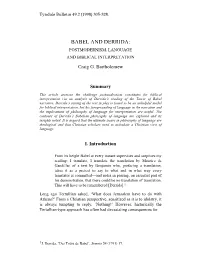 BABEL and DERRIDA: POSTMODERNISM, LANGUAGE and BIBLICAL INTERPRETATION Craig G