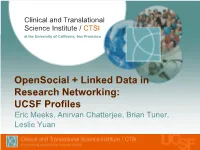 Opensocial + Linked Data in Research Networking: UCSF Profiles Eric Meeks, Anirvan Chatterjee, Brian Tuner, Leslie Yuan “ It’S Basically Like