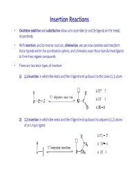 Insertion Reactions • Oxidative Addition and Substitution Allow Us to Assemble 1E and 2E Ligands on the Metal, Respectively