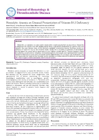 Hemolytic Anemia an Unusual Presentation of Vitamin B12