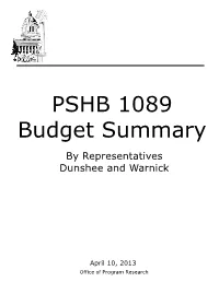 PSHB 1089 Budget Summary by Representatives Dunshee and Warnick