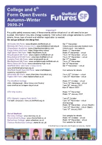 College and 6 Form Open Events Autumn–Winter 2020-21