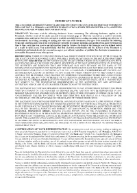 Important Notice the Attached Admission Particulars (The Document) May Only Be Distributed to Persons Who Are Not U.S