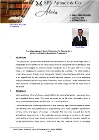 The Advantages of Music Publishing for Songwriters Within the Nigerian Regulatory Framework1 1. Introduction the Curtains Are U