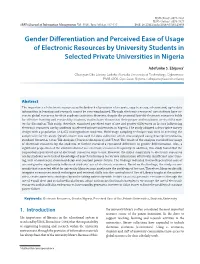 Gender Differentiation and Perceived Ease of Usage of Electronic Resources by University Students in Selected Private Universities in Nigeria