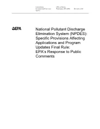 National Pollutant Discharge Elimination System (NPDES): Specific Provisions Affecting Applications and Program Updates Final Rule: EPA’S Response to Public Comments